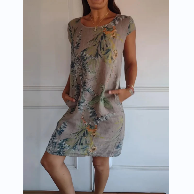 Botanical Print Dress For Women Round Neck Stylish Summer Wear