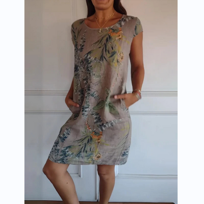 Botanical Print Dress For Women Round Neck Stylish Summer Wear