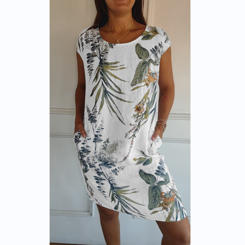 Botanical Print Dress For Women Round Neck Stylish Summer Wear