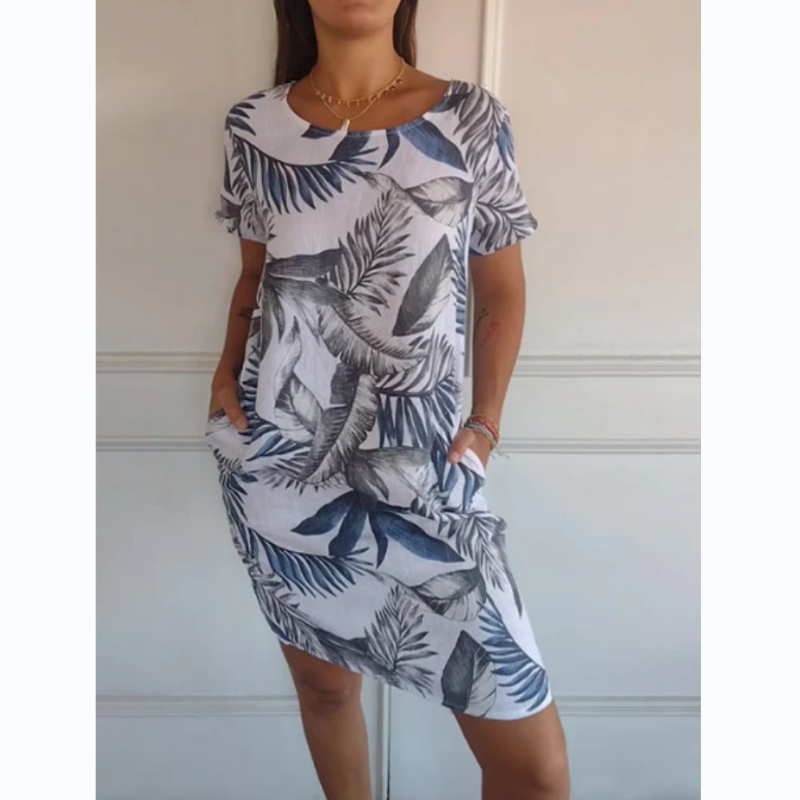 Botanical Print Dress For Women Round Neck Stylish Summer Wear