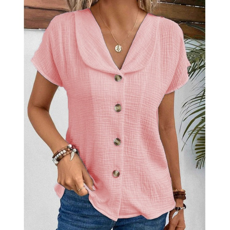 Women's Button Down Top Solid Color Lapel Short Sleeve Shirt