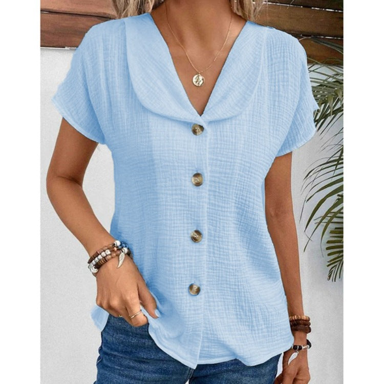 Women's Button Down Top Solid Color Lapel Short Sleeve Shirt