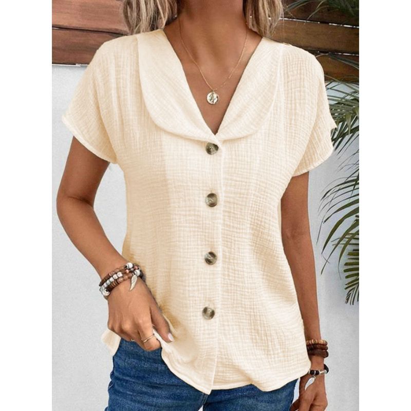 Women's Button Down Top Solid Color Lapel Short Sleeve Shirt