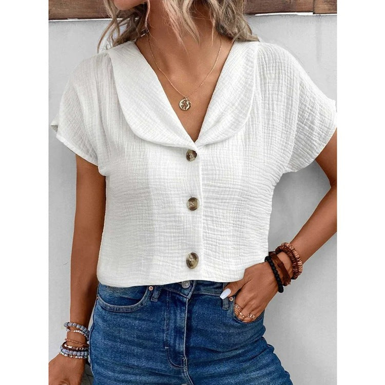 Women's Button Down Top Solid Color Lapel Short Sleeve Shirt