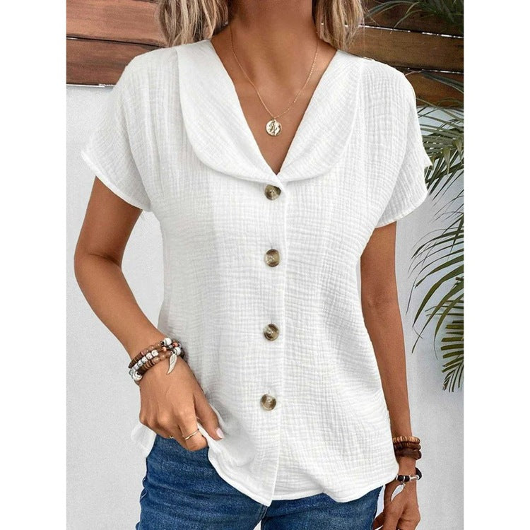 Women's Button Down Top Solid Color Lapel Short Sleeve Shirt