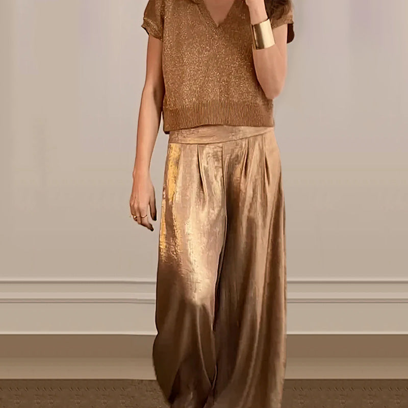 Women's Two-Piece Casual Suit Short Sleeve Top Wide Leg Pants