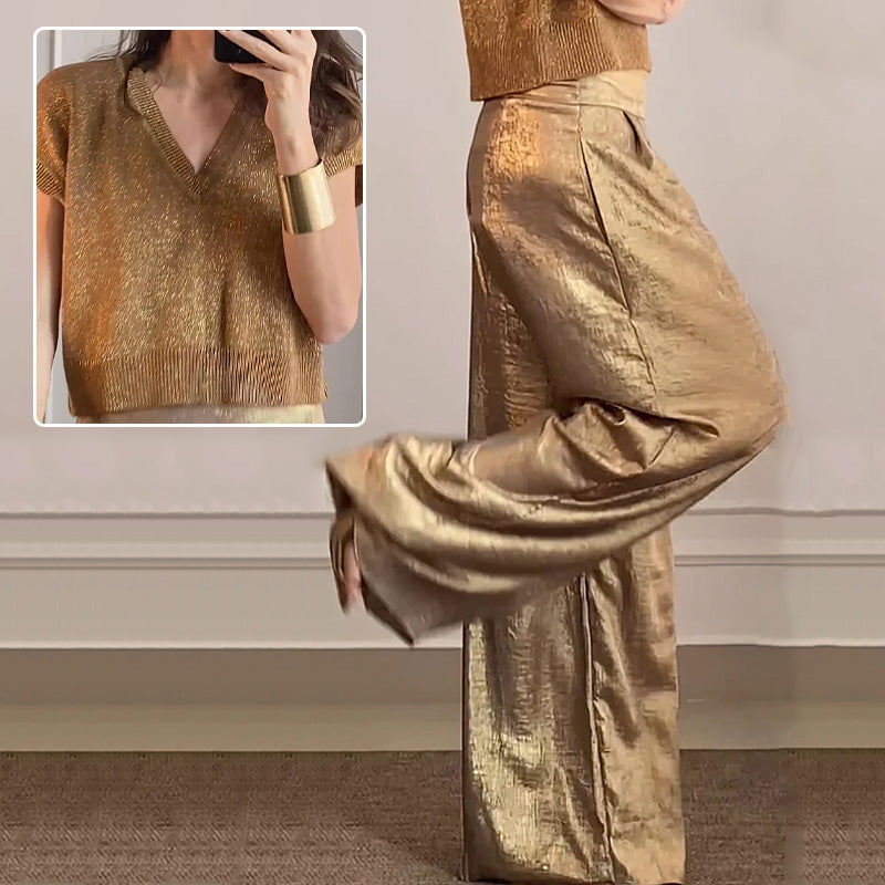 Women's Two-Piece Casual Suit Short Sleeve Top Wide Leg Pants
