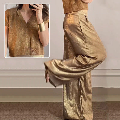 Women's Two-Piece Casual Suit Short Sleeve Top Wide Leg Pants