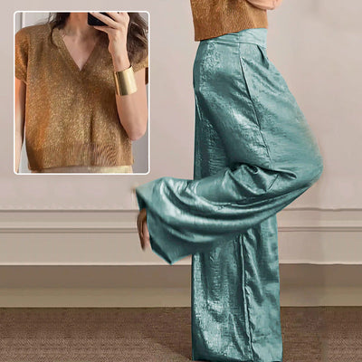 Women's Two-Piece Casual Suit Short Sleeve Top Wide Leg Pants