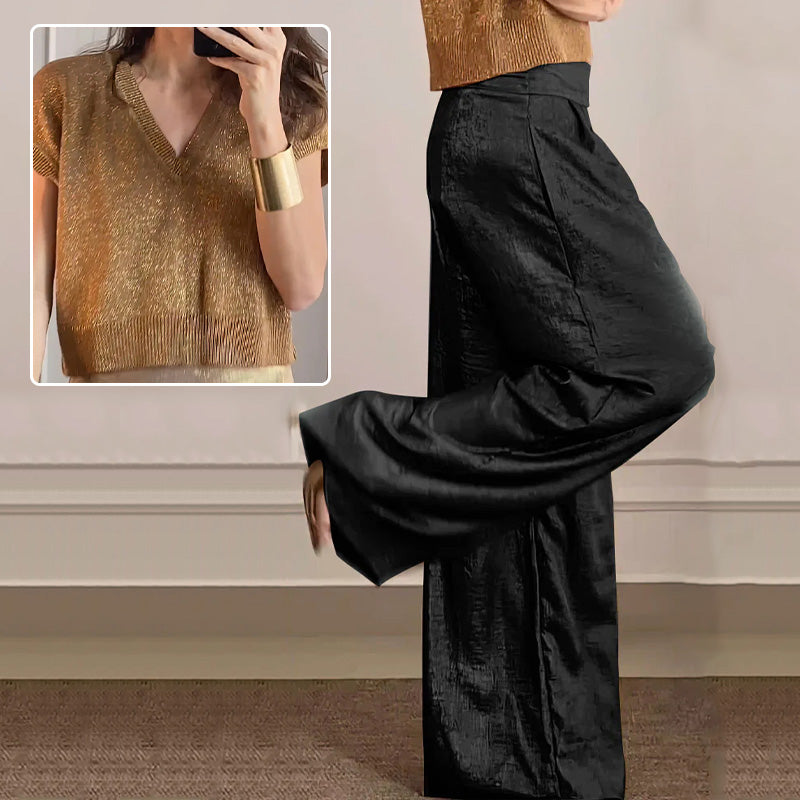 Women's Two-Piece Casual Suit Short Sleeve Top Wide Leg Pants