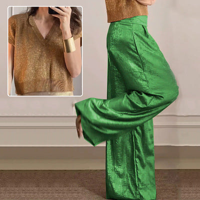 Women's Two-Piece Casual Suit Short Sleeve Top Wide Leg Pants
