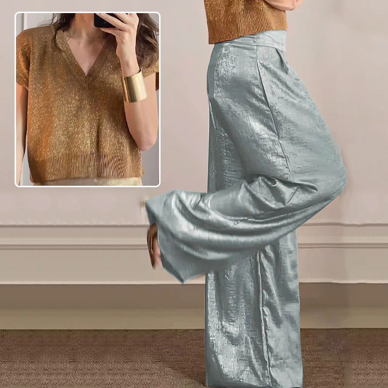 Women's Two-Piece Casual Suit Short Sleeve Top Wide Leg Pants