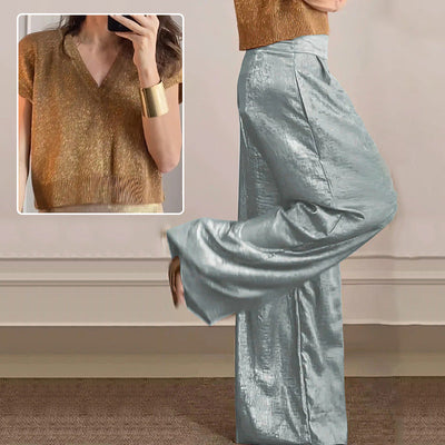 Women's Two-Piece Casual Suit Short Sleeve Top Wide Leg Pants
