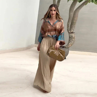 Printed Top And Wide Leg Pants Set Stylish Two Piece Outfit