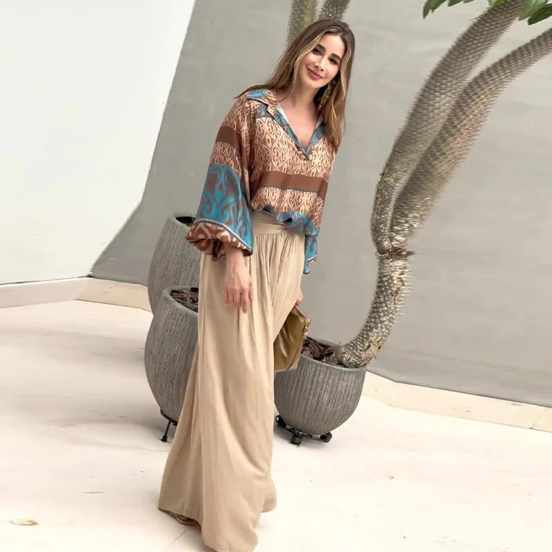 Printed Top And Wide Leg Pants Set Stylish Two Piece Outfit