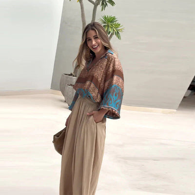 Printed Top And Wide Leg Pants Set Stylish Two Piece Outfit