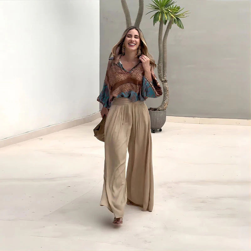 Printed Top And Wide Leg Pants Set Stylish Two Piece Outfit