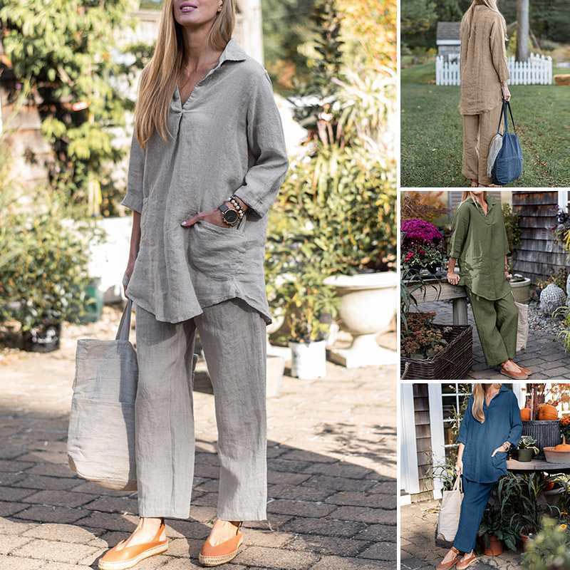 Women's Vintage Cotton Linen 2-Piece Set Blouse And Pants