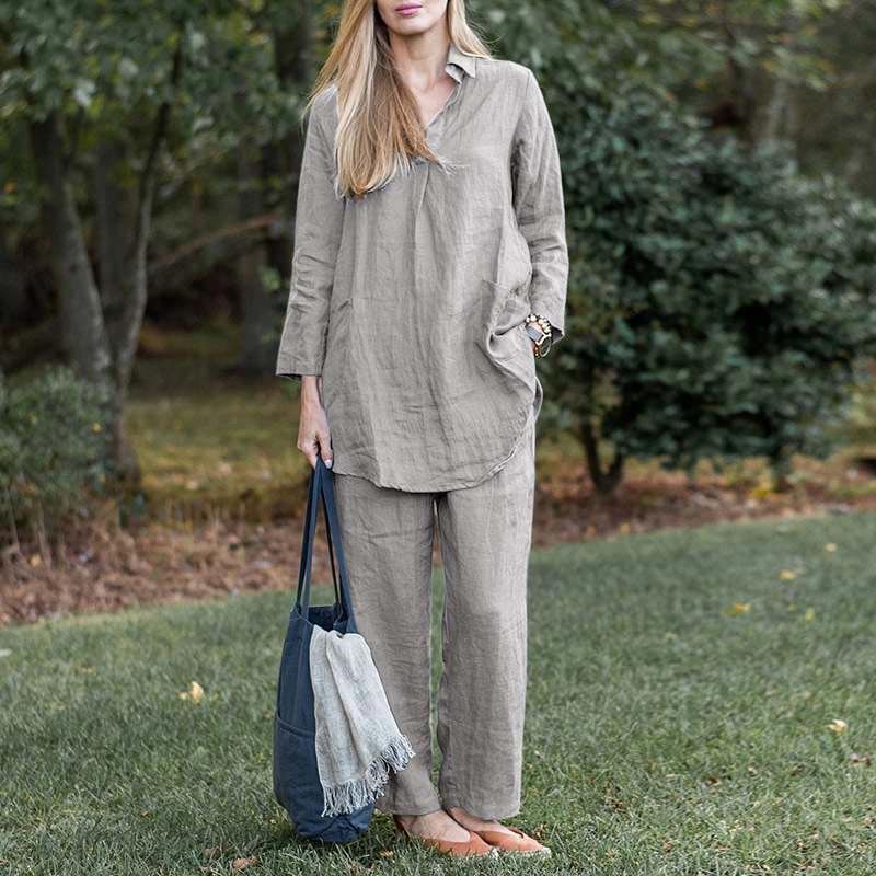 Women's Vintage Cotton Linen 2-Piece Set Blouse And Pants