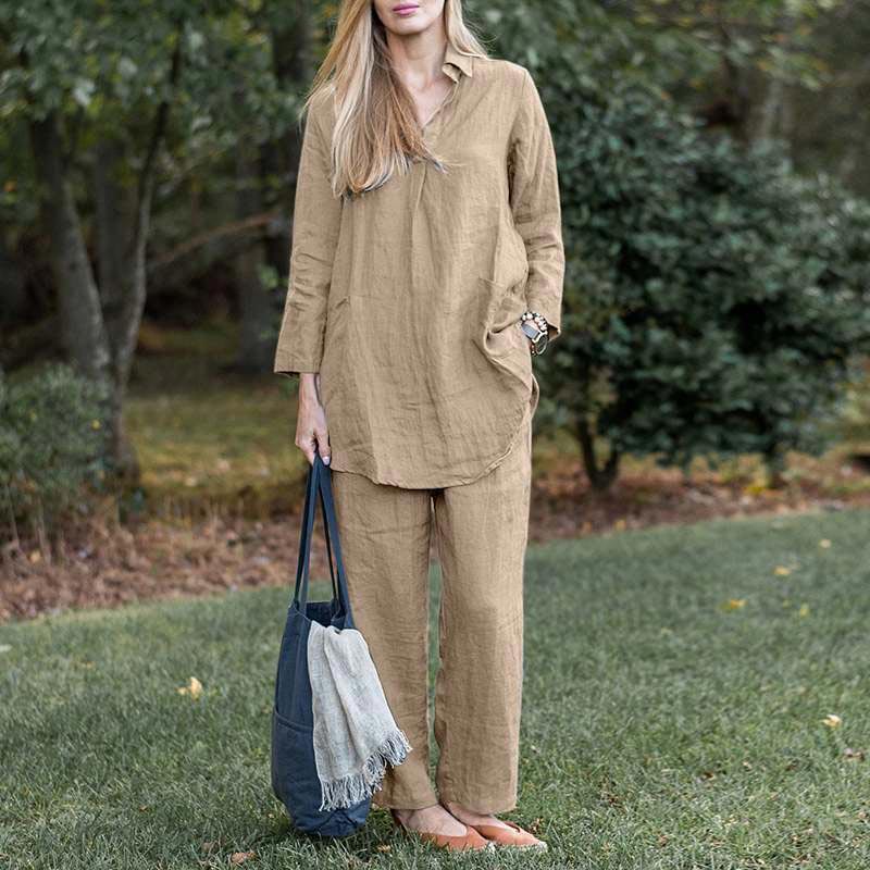 Women's Vintage Cotton Linen 2-Piece Set Blouse And Pants