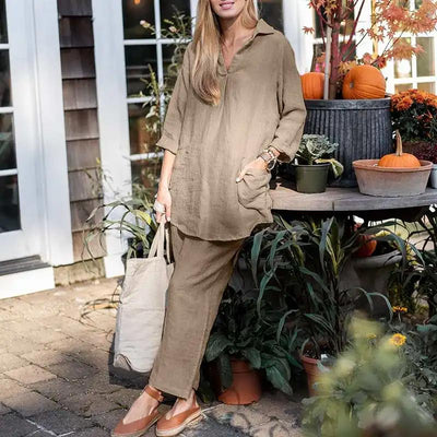 Women's Vintage Cotton Linen 2-Piece Set Blouse And Pants
