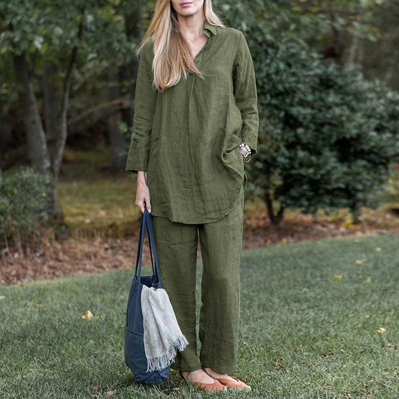 Women's Vintage Cotton Linen 2-Piece Set Blouse And Pants