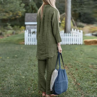 Women's Vintage Cotton Linen 2-Piece Set Blouse And Pants
