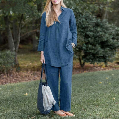 Women's Vintage Cotton Linen 2-Piece Set Blouse And Pants