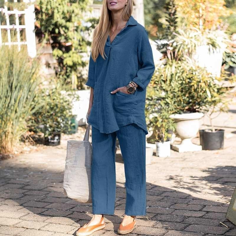 Women's Vintage Cotton Linen 2-Piece Set Blouse And Pants