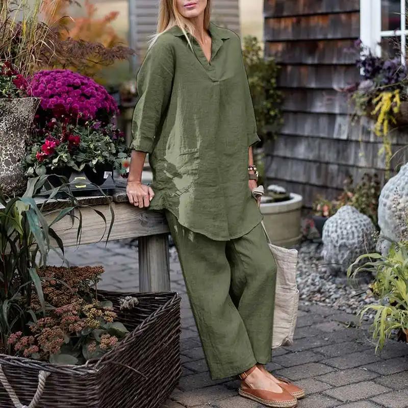 Women's Vintage Cotton Linen 2-Piece Set Blouse And Pants