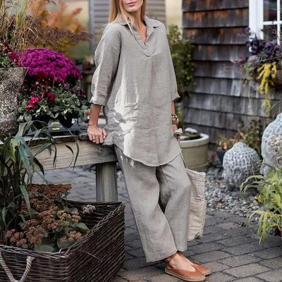 Women's Vintage Cotton Linen 2-Piece Set Blouse And Pants