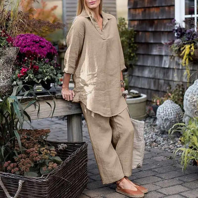 Women's Vintage Cotton Linen 2-Piece Set Blouse And Pants