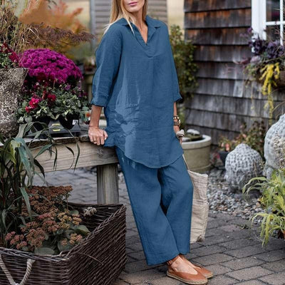 Women's Vintage Cotton Linen 2-Piece Set Blouse And Pants