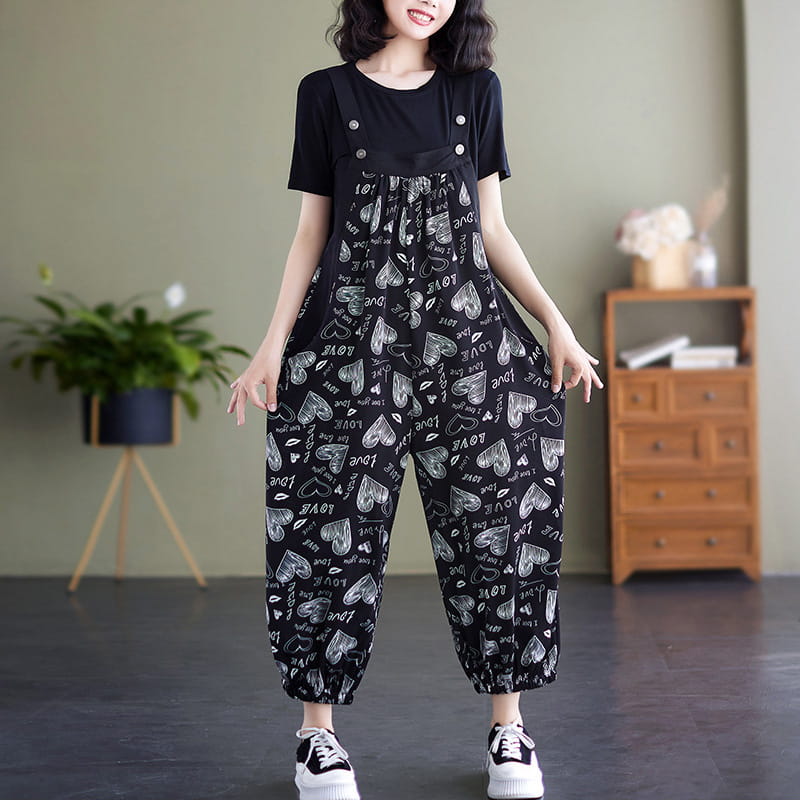 Casual Loose Jumpsuit With Pockets And Solid Color T-Shirt Set