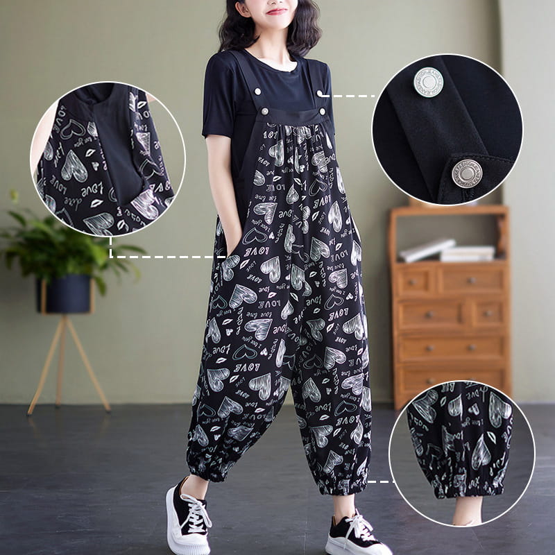 Casual Loose Jumpsuit With Pockets And Solid Color T-Shirt Set