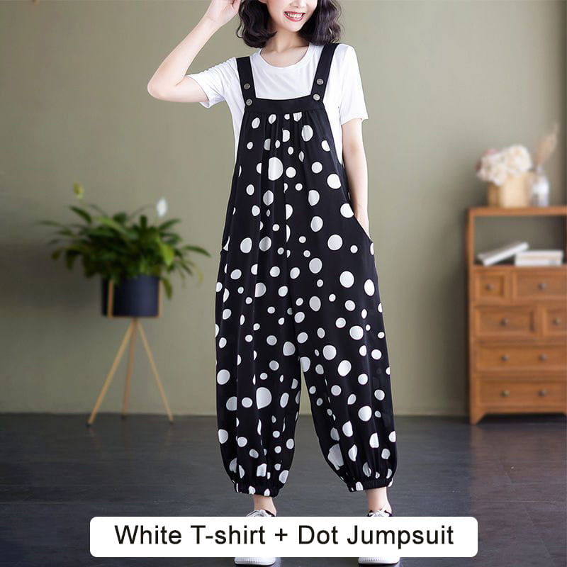 Casual Loose Jumpsuit With Pockets And Solid Color T-Shirt Set
