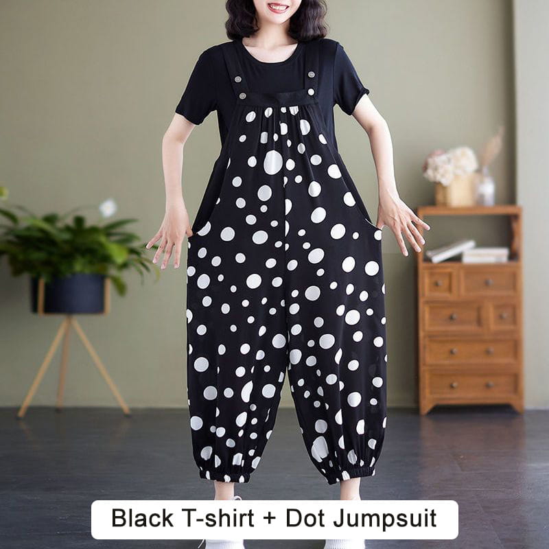 Casual Loose Jumpsuit With Pockets And Solid Color T-Shirt Set