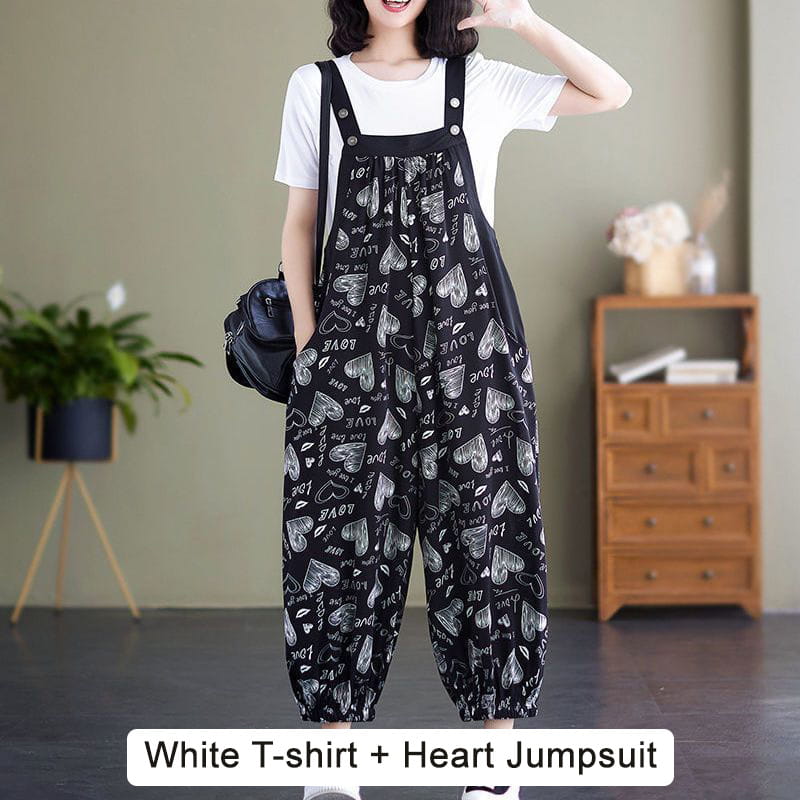 Casual Loose Jumpsuit With Pockets And Solid Color T-Shirt Set