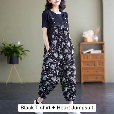 Casual Loose Jumpsuit With Pockets And Solid Color T-Shirt Set