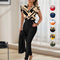 Women's 2-piece Set Elegant Printed Top With Solid Pants And Belt
