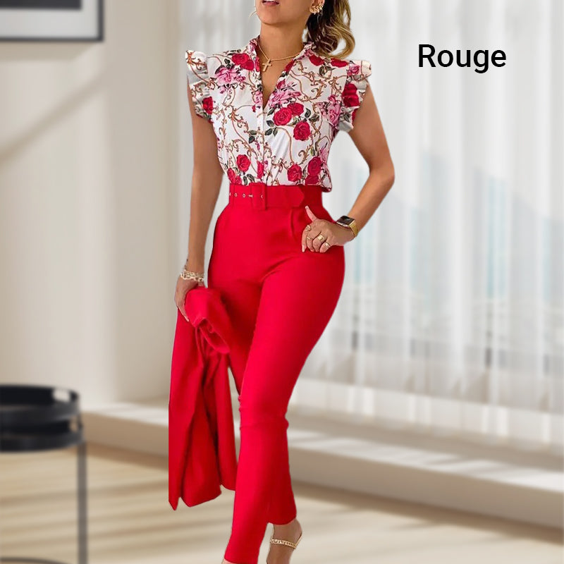 Women's 2-piece Set Elegant Printed Top With Solid Pants And Belt
