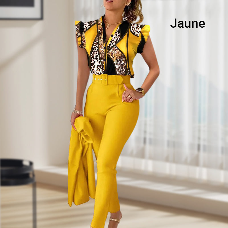 Women's 2-piece Set Elegant Printed Top With Solid Pants And Belt