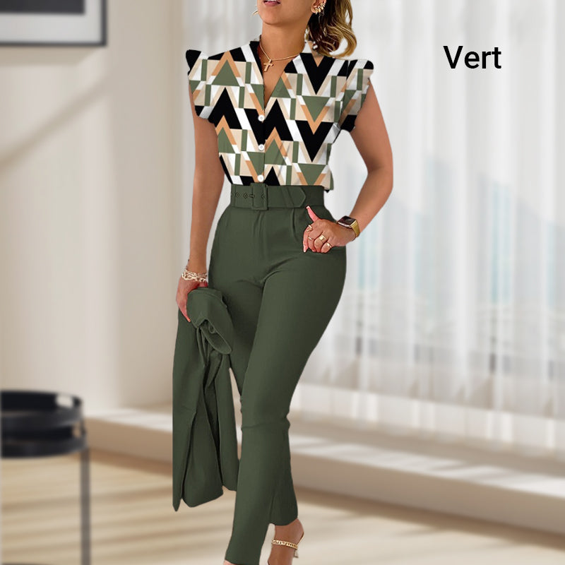 Women's 2-piece Set Elegant Printed Top With Solid Pants And Belt