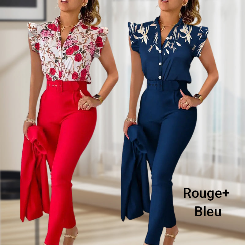 Women's 2-piece Set Elegant Printed Top With Solid Pants And Belt