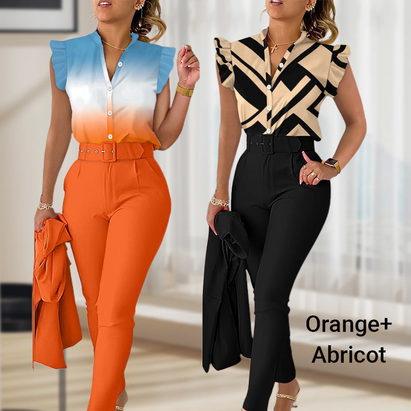 Women's 2-piece Set Elegant Printed Top With Solid Pants And Belt
