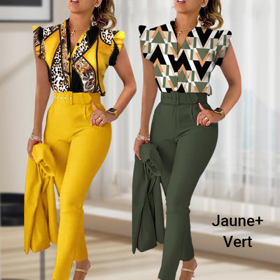 Women's 2-piece Set Elegant Printed Top With Solid Pants And Belt