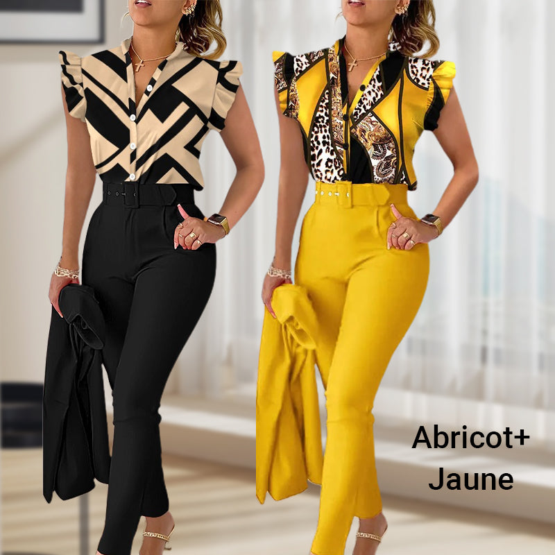 Women's 2-piece Set Elegant Printed Top With Solid Pants And Belt