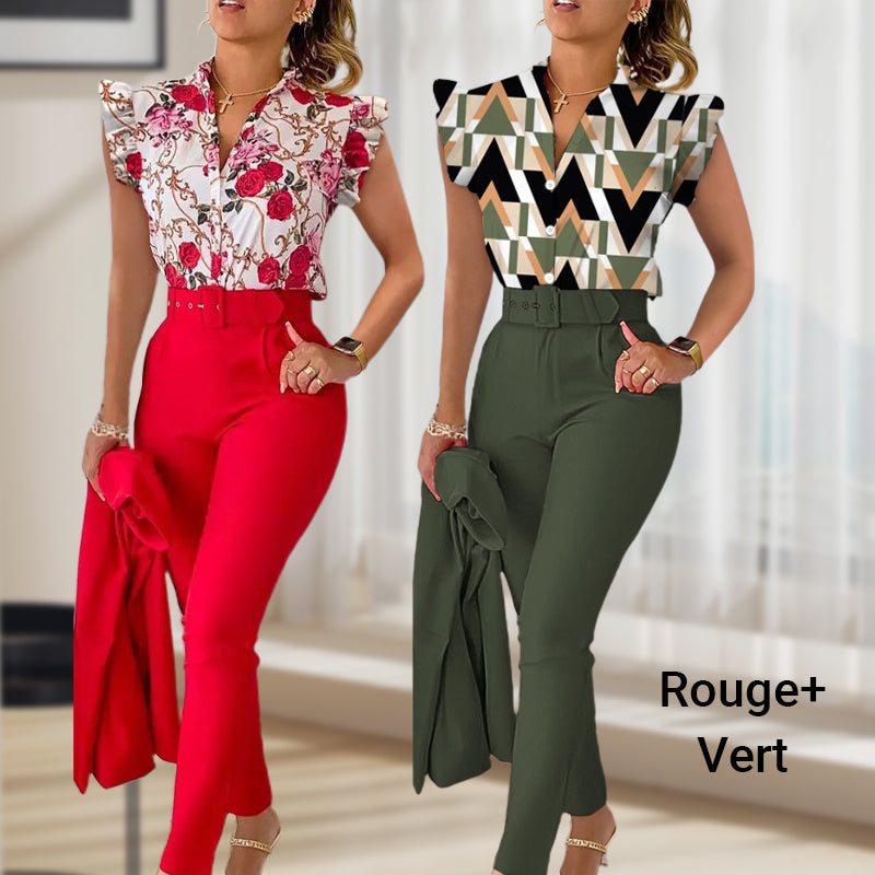 Women's 2-piece Set Elegant Printed Top With Solid Pants And Belt