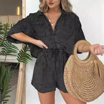 Women's Summer Denim Shirt Set Stylish Two Piece Outfit