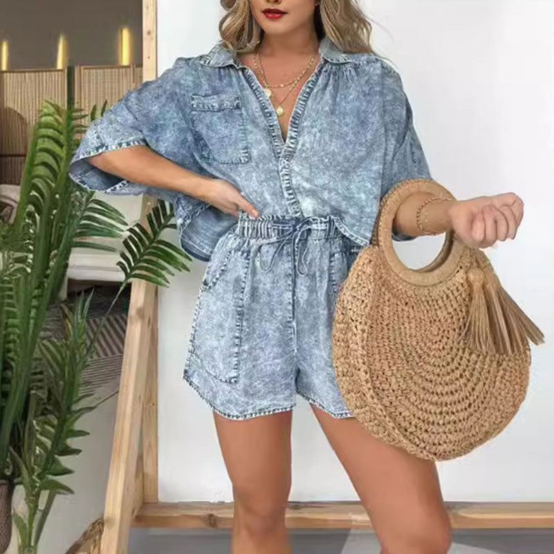 Women's Summer Denim Shirt Set Stylish Two Piece Outfit